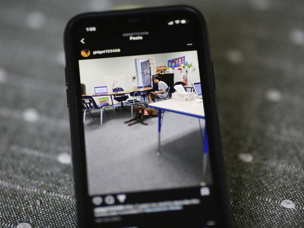 Bridget Narsh shares a cell phone picture of her son and Koko attending school. Her son's condition has improved since he got the service dog and other community-based services.