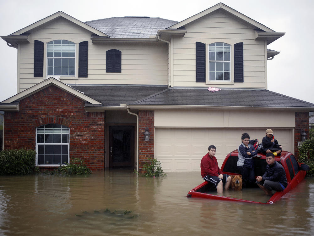 Residents with a dog sit in the back of a truck while waiting to be rescued from rising floodwaters during Hurricane Harvey in Spring, Texas, in August 2017. The average cost of home insurance has risen 40% in the state since 2015.