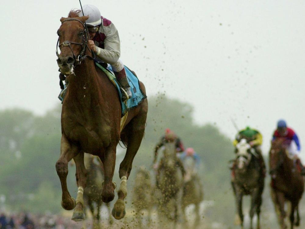 Jockey Jose Santos rides Funny Cide to victory in the 128th Preakness Stakes in May 2003.