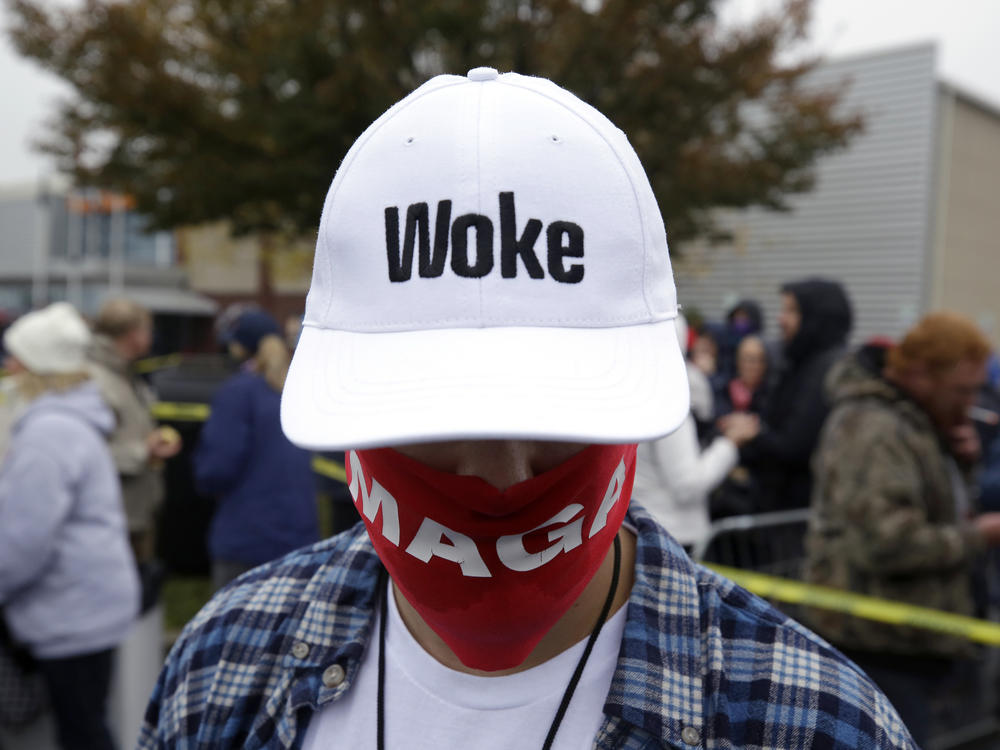 A supporter of President Donald Trump wears a 