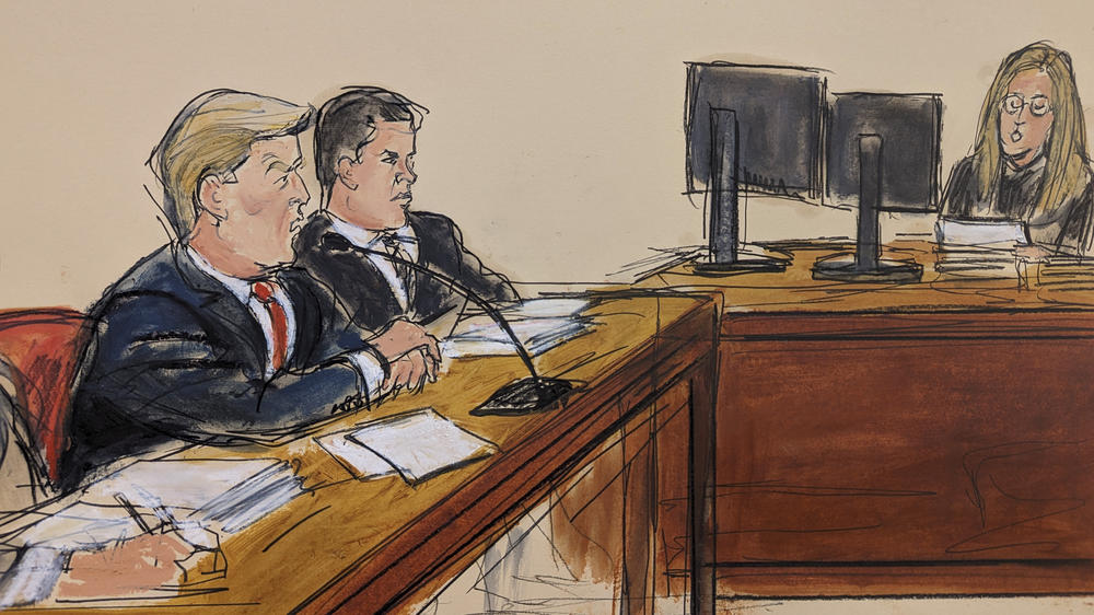 This artist sketch depicts former President Donald Trump, far left, pleading not guilty as the Clerk of the Court reads the charges and asks him 