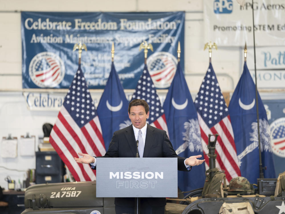 Florida Gov. and Republican presidential candidate Ron DeSantis speaks during a press conference in West Columbia, S.C., on July 18.