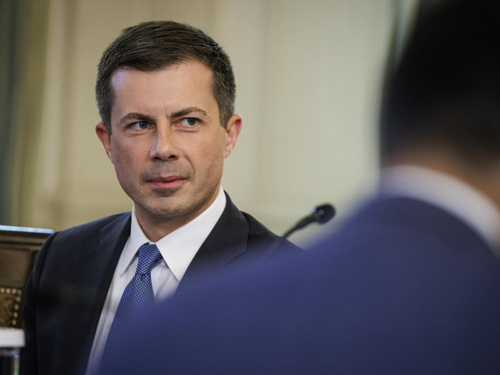Transportation Secretary Pete Buttigieg during a meeting of President Biden's Competition Council in the State Dining Room of the White House in Washington, D.C., on Wednesday.