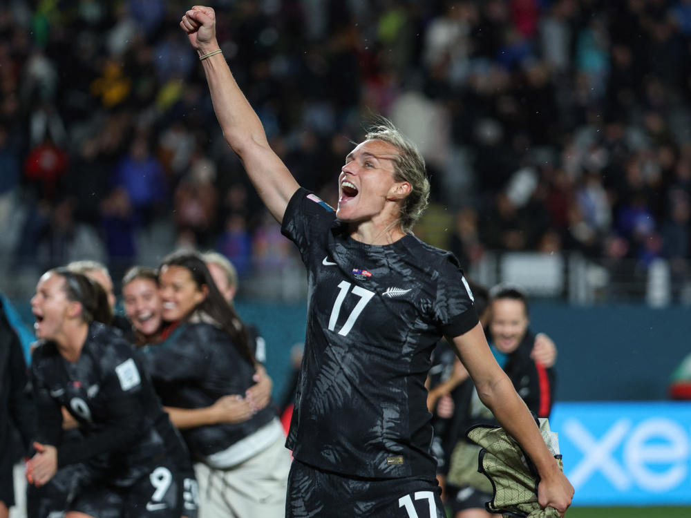 New Zealand's forward Hannah Wilkinson celebrates after her team won the Australia and New Zealand 2023 Women's World Cup Group A football match between New Zealand and Norway at Eden Park in Auckland on Thursday.