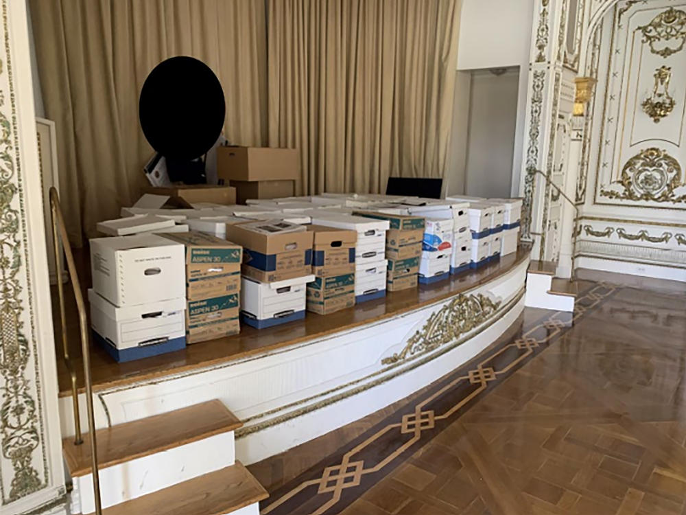 Stacks of boxes can be observed in the White and Gold Ballroom of former U.S. President Donald Trump's Mar-a-Lago estate in Palm Beach, Florida.