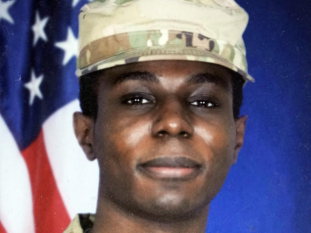 This family photo shows a portrait of American soldier Travis King displayed at the home of his grandfather Carl Gates, Wednesday, July 19, 2023, in Kenosha, Wis.