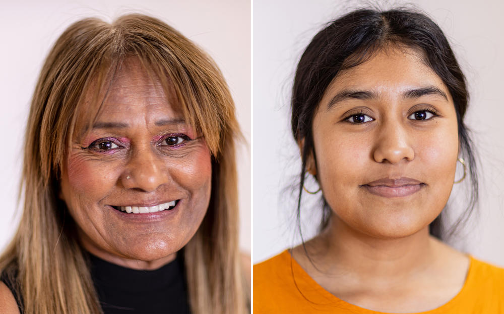 Grandview High School migrant advocate Delores Gonzalez (left) and former student Jazmin Corona (right)<strong> </strong>in Grandview, Wash., on June 14. Corona, now in college, has returned to the school district for a summer job.