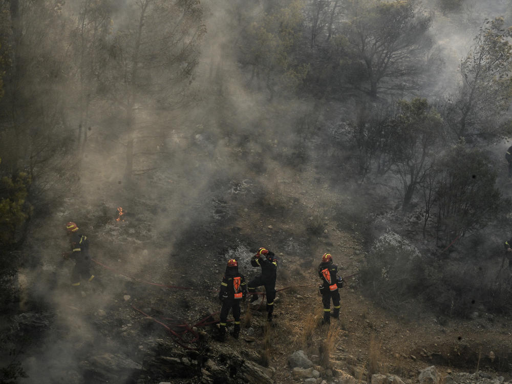 July 19, 2023: Firefighters work to extinguish a wildfire in a forest near Nea Peramos, west of Athens.