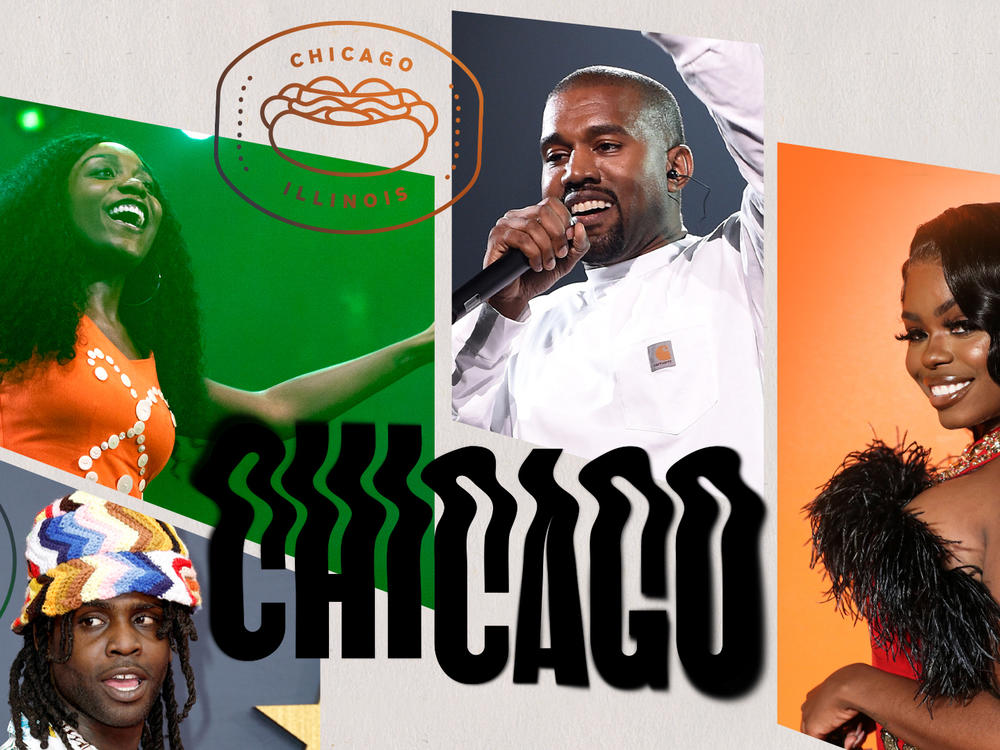Noname, Chief Keef, Kanye West, and Dreezy. Collage by Jackie Lay / NPR.