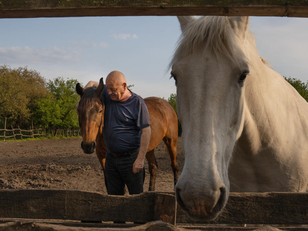 Yuriy Kopishynskyi stands with a horse at his family's horseback riding school on Khortytsia, an island on the Dnipro River just outside Zaporizhzhia, Ukraine.