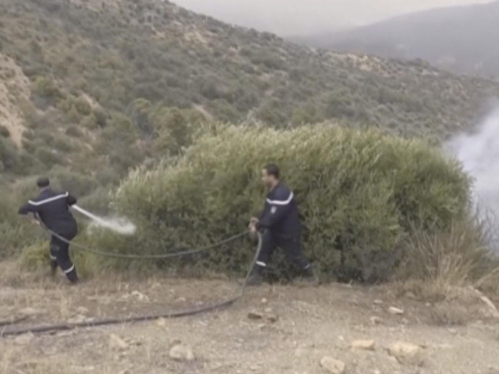 In this image taken from video, a wildfire burns in Zbarbar, Bouira Province, Algeria, Monday, July 24, 2023.