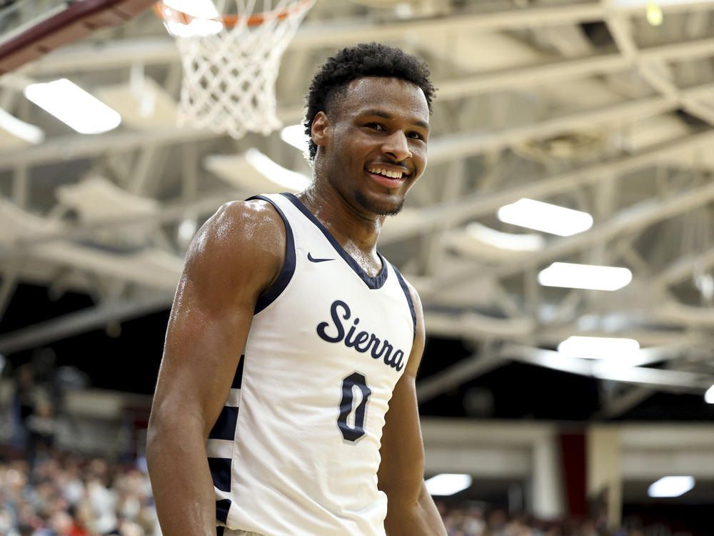 Bronny James during a high school basketball game in January 2023. James was hospitalized in Los Angeles after he suffered a cardiac arrest during practice Monday.