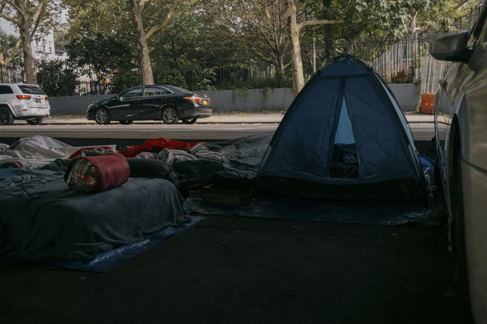 At least 20 asylum seekers from Venezuela find shelter within tents. Brooklyn, New York, U.S., on Wednesday, July 19, 2023.