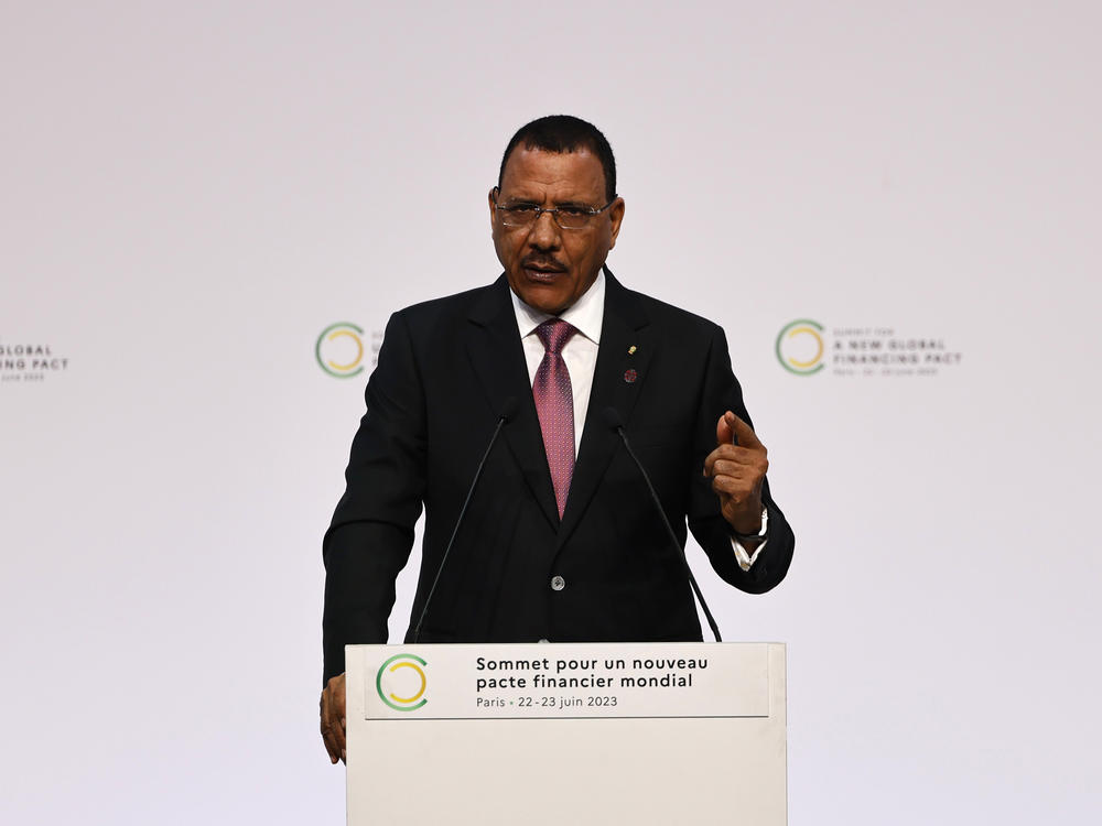 President of Niger Mohamed Bazoum delivers a speech at a financial summit in Paris, June 22. On Wednesday, he said members of the presidential guard tried to move against him.