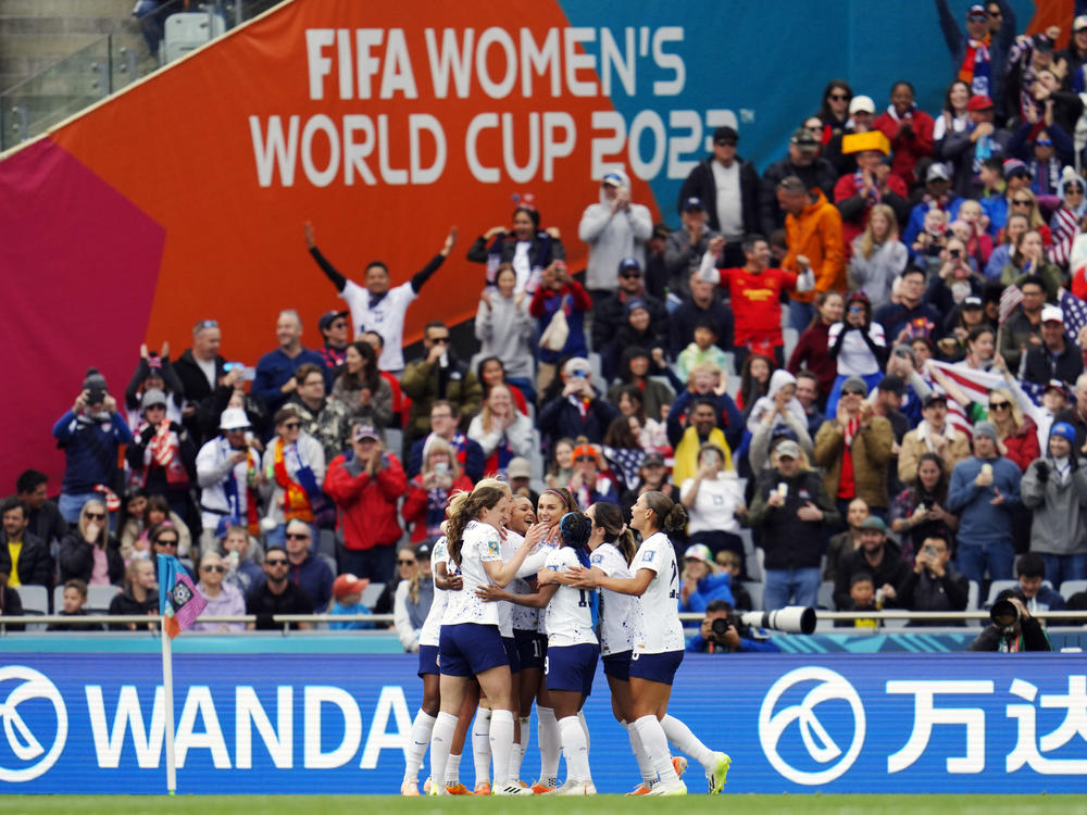 United States players celebrate after Sophia Smith (11) scored their first goal of the Women's World Cup against Vietnam on July 22, 2023. Referees have been adding plenty of extra time due to injuries, substitutions and goal celebrations.