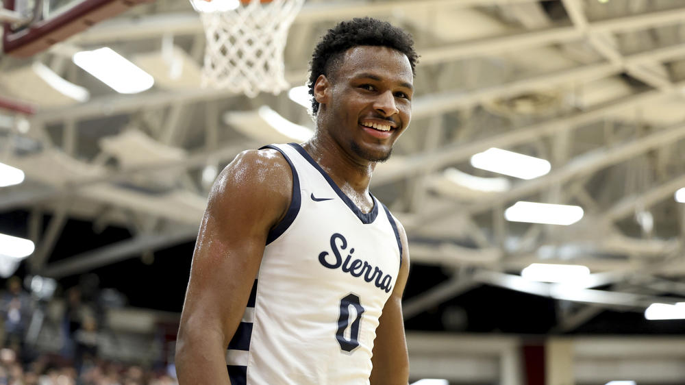 Bronny James during a high school basketball game in January 2023. James was hospitalized in Los Angeles after he suffered a cardiac arrest during practice Monday.