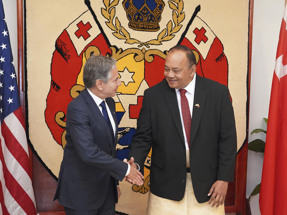 U.S. Secretary of State Antony Blinken, left, shakes hands with Tonga's Prime Minister Tonga's Prime Minister Siaosi Sovaleni in Nuku'alofa, Tonga Wednesday, July 26, 2023.