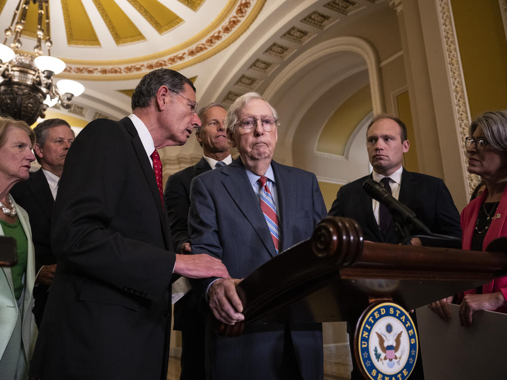 Sen. John Barrasso, R-Wyo., reaches out to help Senate Minority Leader Mitch McConnell, R-Ky., after McConnell froze and stopped talking at the microphone during a news conference after a lunch meeting with Senate Republicans on Wednesday. McConnell was escorted back to his office and later returned to the news conference and answered questions.