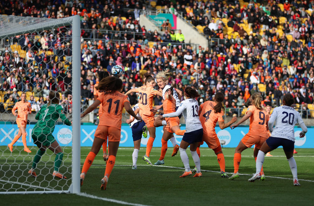 Lindsey Horan of USA heads to score her team's first goal in the Women's World Cup match against the Netherlands on July 27, 2023 in Wellington, New Zealand.