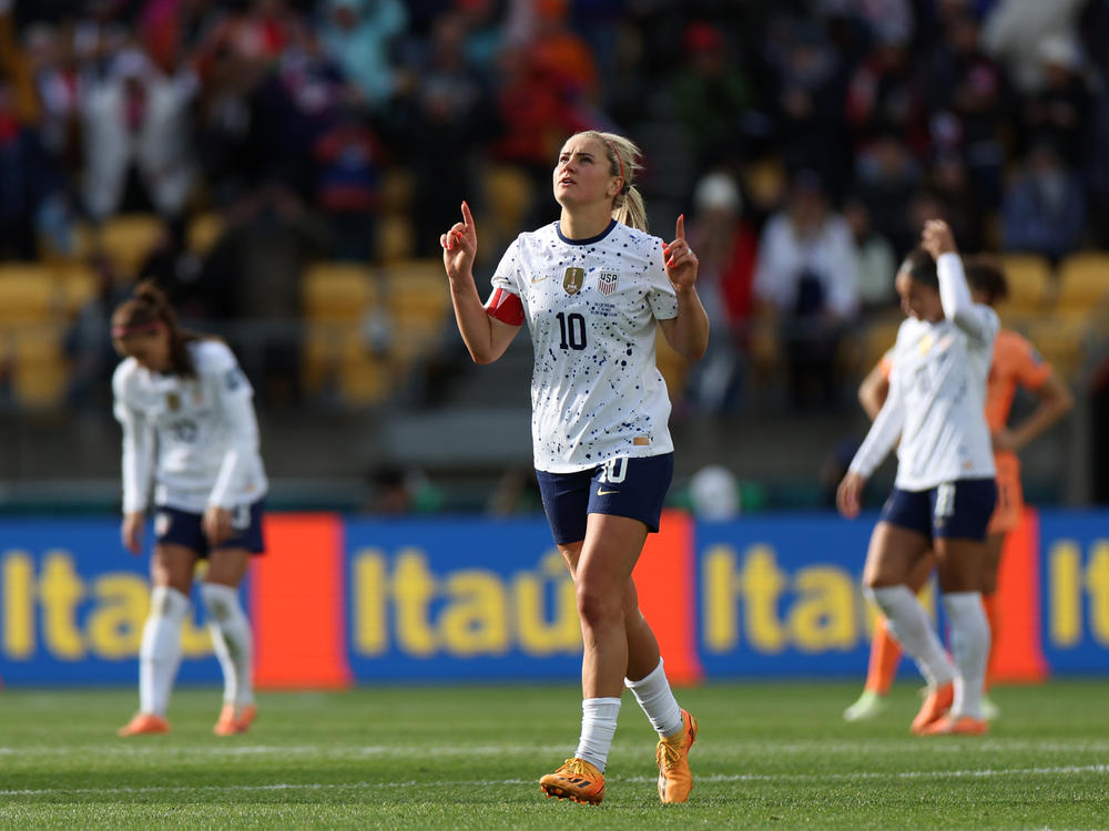 Lindsey Horan of USA celebrates after scoring her team's only goal against the Netherlands at the 2023 Women's World Cup group match on July 27, 2023 in Wellington, New Zealand.