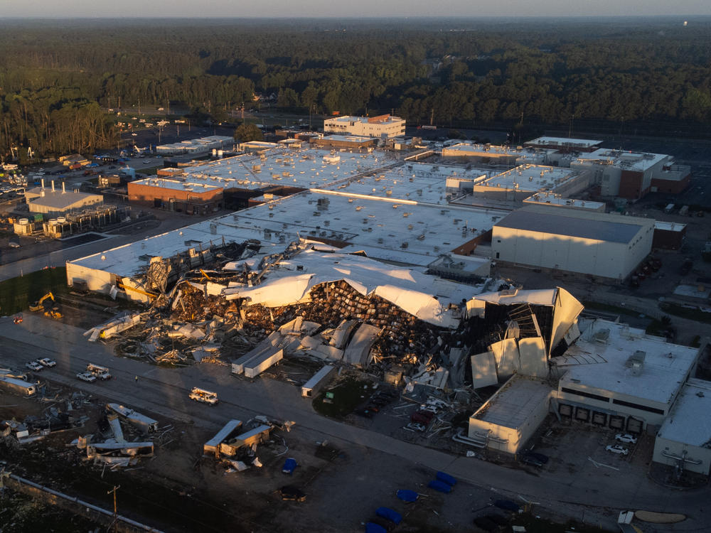 An aerial view shows damage to a Pfizer pharmaceutical factory in Rocky Mount, N.C., from a tornado that struck on July 19. The plant produces many drugs used in hospitals.