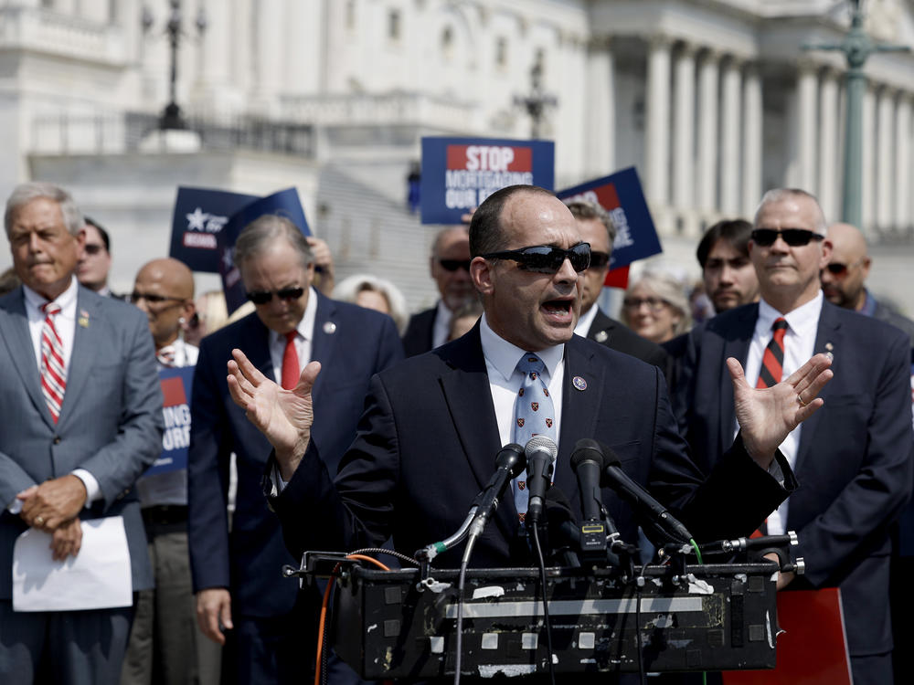 Rep. Bob Good, R-Va., speaks at a news conference outside the U.S. Capitol on July 25.