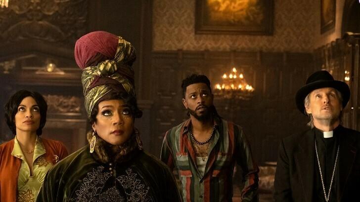 From left, Rosario Dawson, Tiffany Haddish, LaKeith Stanfield and Owen Wilson in <em>Haunted Mansion.</em>