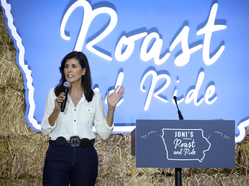 Former UN Ambassador Nikki Haley speaks to guests during the Joni Ernst's Roast and Ride event on June 03, 2023 in Des Moines, Iowa.