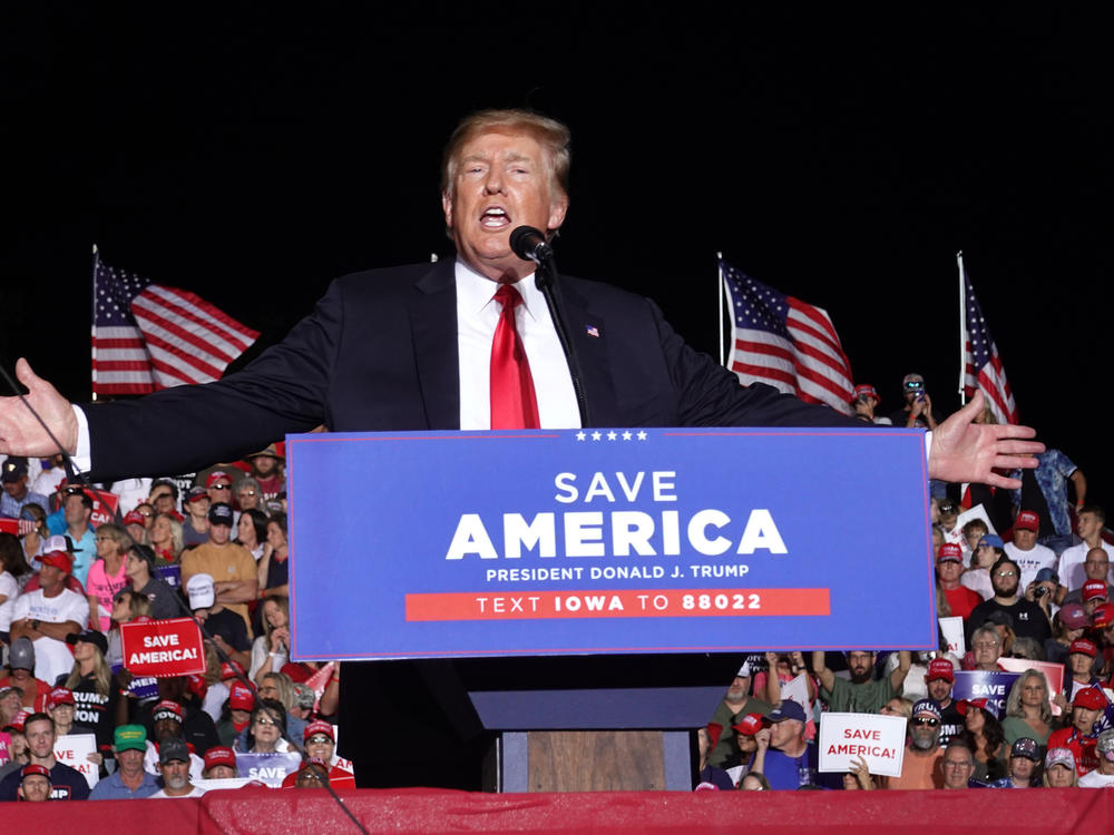 Former President Donald Trump speaks to supporters during a rally at the Iowa State Fairgrounds on October 09, 2021 in Des Moines, Iowa.