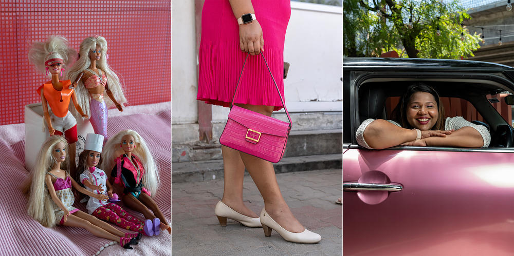 Scenes from a Barbie super fan's life in India: dolls she held onto, her love of pink garb ... and her very pink auto.  She says pink makes her think of 