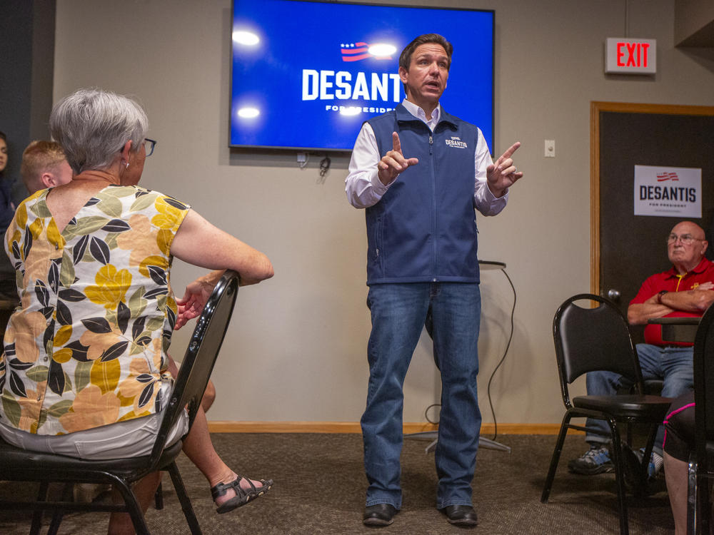 GOP presidential candidate Ron DeSantis speaks during a campaign event at Olde Boston's Restaurant & Pub in Fort Dodge, Iowa on July 14.