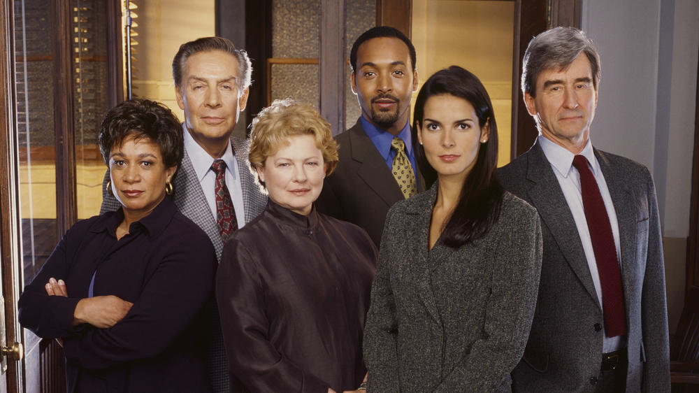 S. Epatha Merkerson (from left), Jerry Orbach, Dianne Wiest, Jesse L. Martin, Angie Harmon and Sam Waterston from Season 11 of <em>Law & Order</em>.