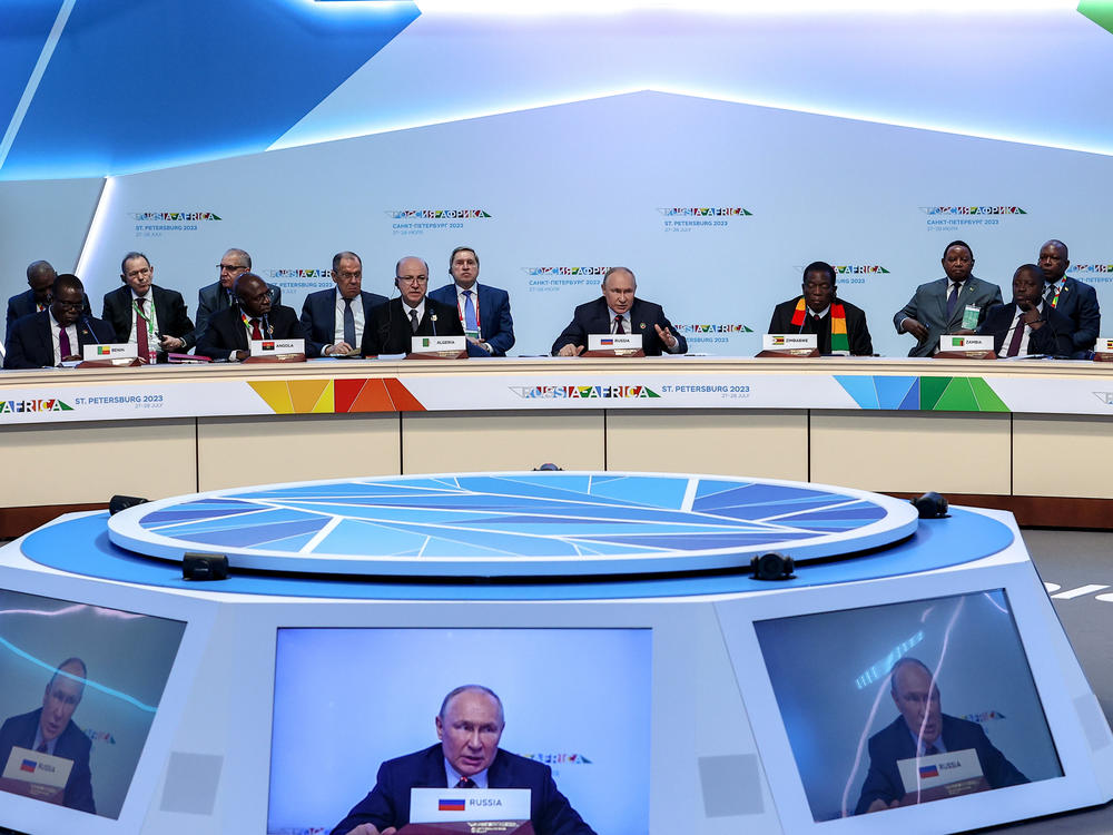 Russian President Vladimir Putin, centre, speaks during a plenary session at the Russia Africa Summit in St. Petersburg, Russia, Friday, July 28, 2023.