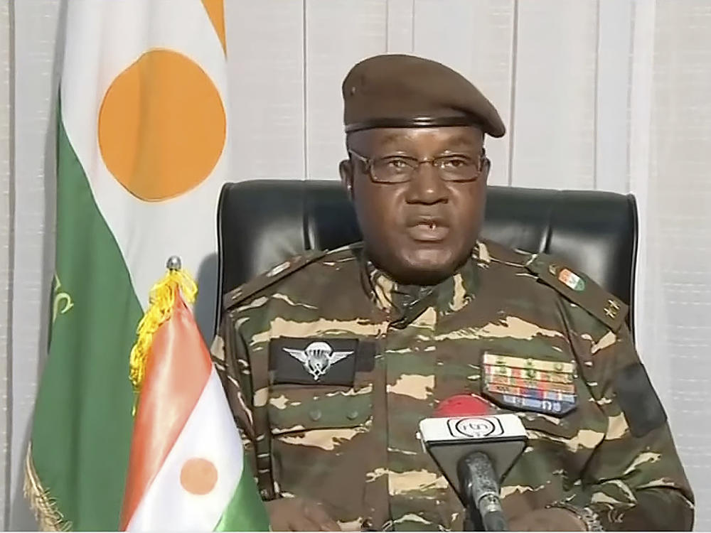 In this image taken from video provided by ORTN, Gen. Abdourahmane Tchiani makes a statement Friday, July 28, 2023, in Niamey, Niger.