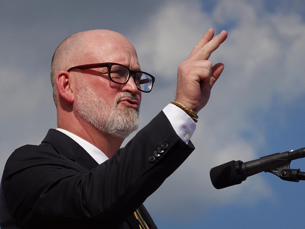 Derrick Van Orden speaks in Waukesha, Wis., on Aug. 5, 2022. The Republican congressman has refused to apologize for his outburst in Washington this week — insisting that he was protecting the integrity of the Capitol Rotunda.