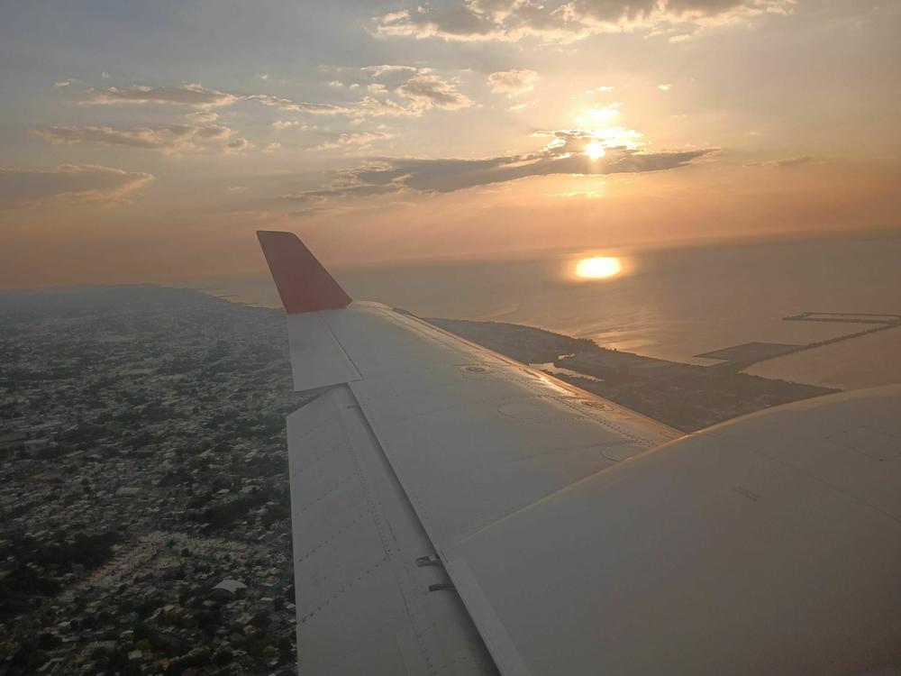 The sunset over the bay and city of Campeche, Mexico, as seen from a plane containing lidar equipment.
