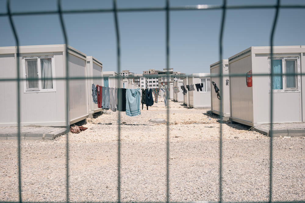 Clothing is hung to dry at a camp housing people displaced by the earthquake in Adiyaman.