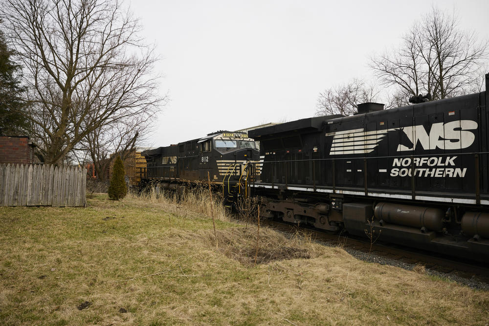 A Norfolk Southern train is en route on February 14, 2023 in East Palestine, Ohio.