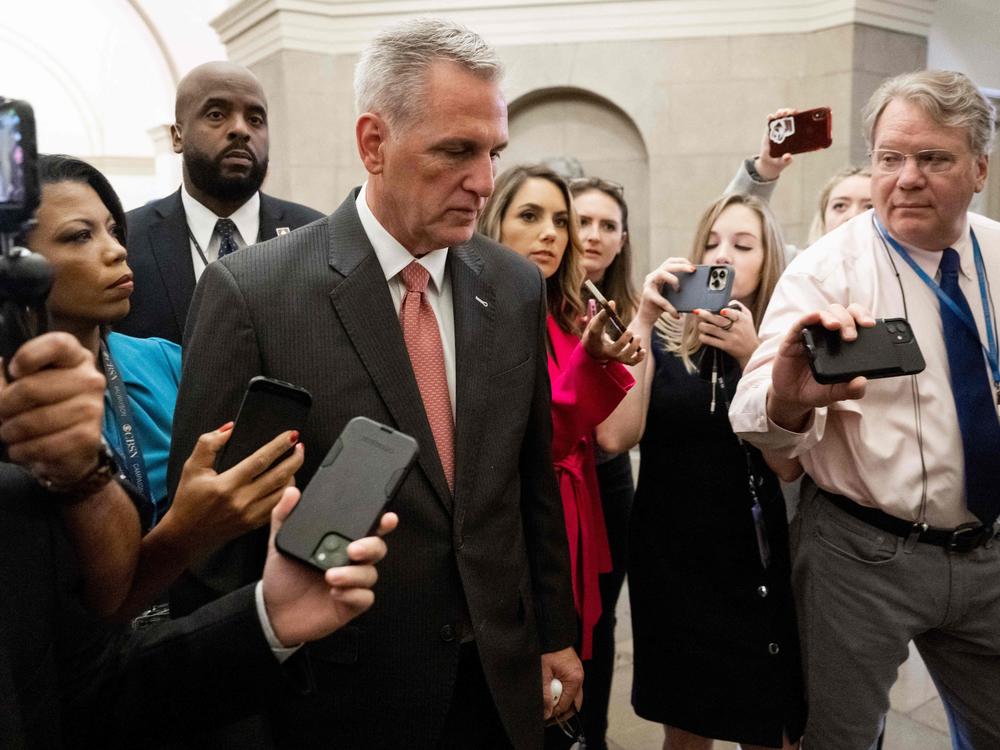 House Speaker Kevin McCarthy speaks to the media about debt ceiling negotiations as he arrives at the U.S. Capitol in Washington, D.C., on May 25, 2023. Fitch cited the debt ceiling standoff as another reason for its downgrade of the U.S. credit rating even after House Republicans and the Biden administration clinched a last minute deal.