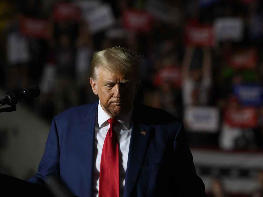 Former President Donald Trump speaks to supporters during a political rally while campaigning for the GOP nomination in Erie, Pa., in July.