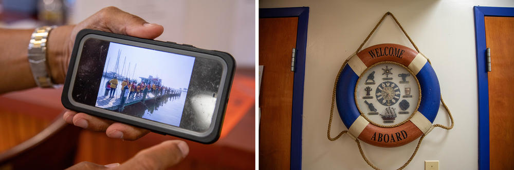 Left: Commodore McCottry shows photos from the children's fishing trip earlier that week. Right: The Seafarers clubhouse is fully decorated with sailing and boating items.