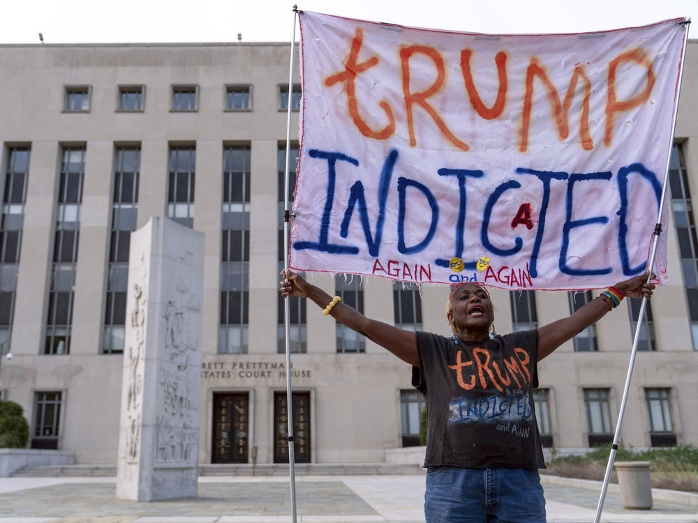 Nadine Seiler protests as she holds a banner outside the Washington, D.C., federal court on Tuesday in Washington.