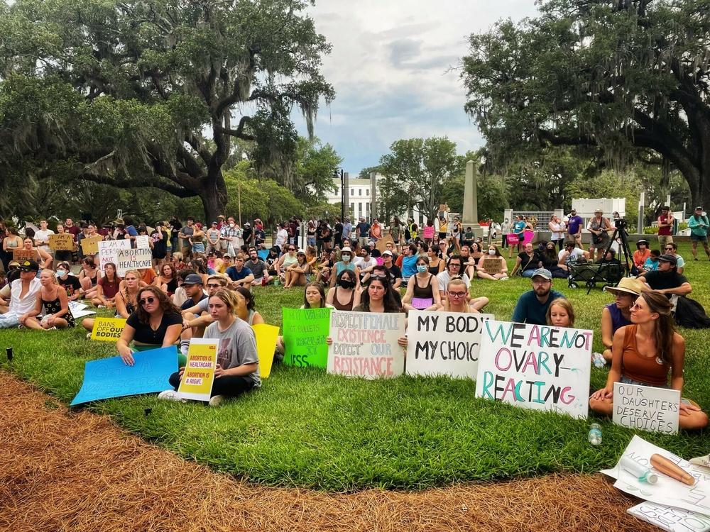 Abortion rights advocates gather on the lawn of Florida's historic Capitol to protest the U.S. Supreme Court's decision to overturn <em>Roe v. Wade</em> in 2022.