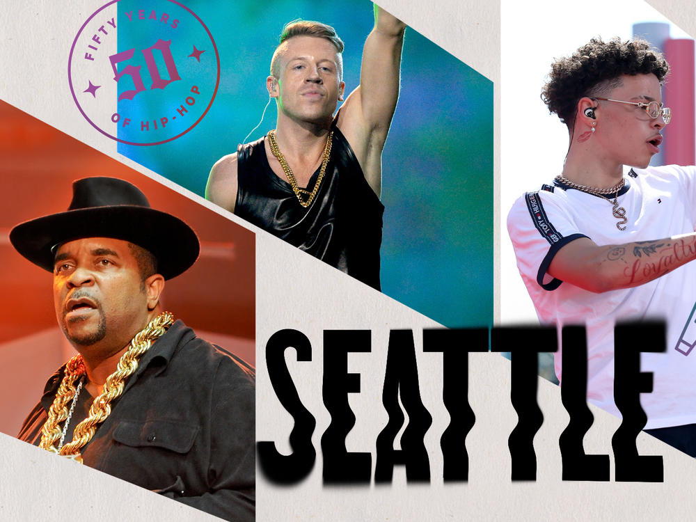 Sir Mix-a-Lot, Macklemore, Lil Mosey & Ishmael Butler. Collage by Jackie Lay / NPR.