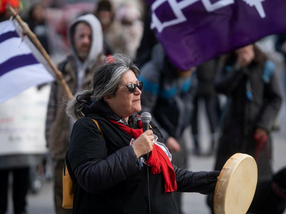 Patty Krawec at a Wet'suwet'en solidarity event at the Canada-U.S. border.