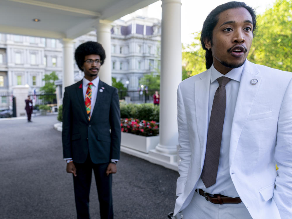 Tennessee Reps. Justin Pearson, D-Memphis, left, and Justin Jones, D-Nashville, speak to reporters outside the West Wing after meeting with President Joe Biden and Vice President Kamala Harris in the Oval Office of the White House in Washington, April 24, 2023.