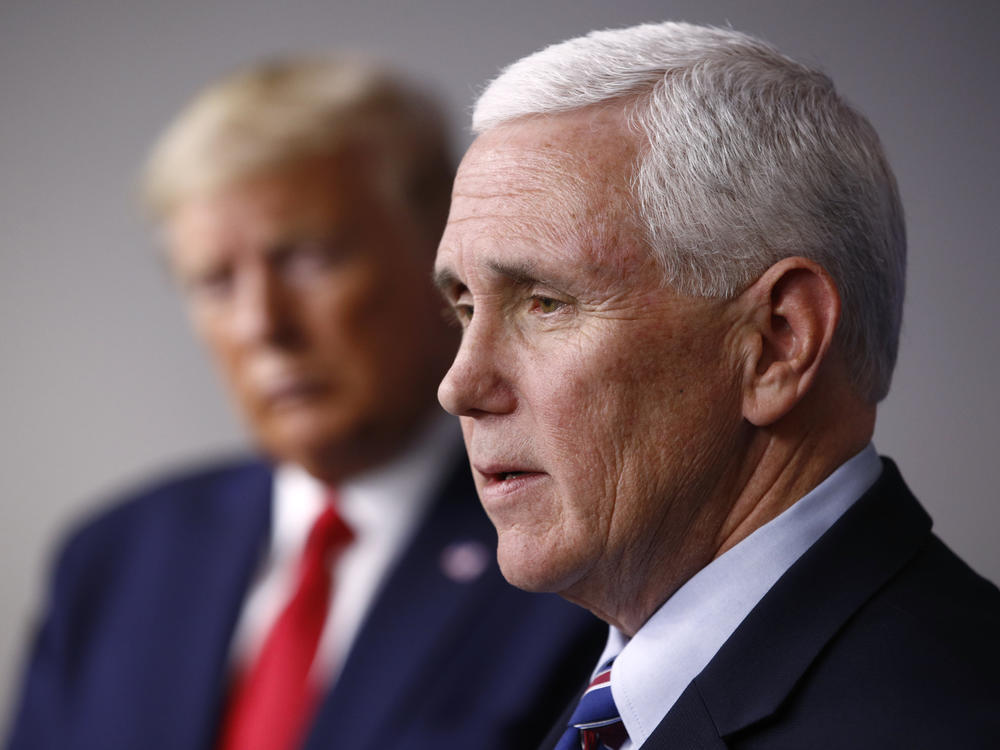 Vice President Mike Pence speaks alongside President Donald Trump in 2020. As Trump was being arraigned in Washington on yet another round of criminal charges this week, his former runningmate-turned-rival Mike Pence unveiled merchandise that quotes 