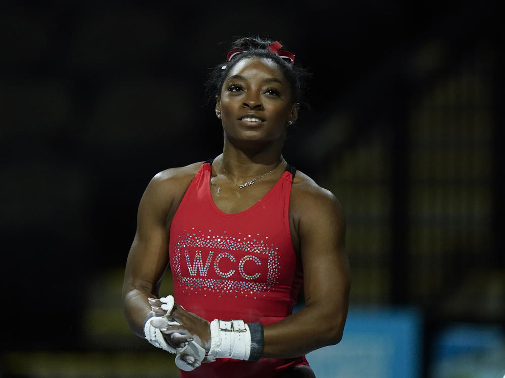 Simone Biles makes her return to competition this weekend at the U.S. Classic. She's seen here in training on Friday in Hoffman Estates, Ill.