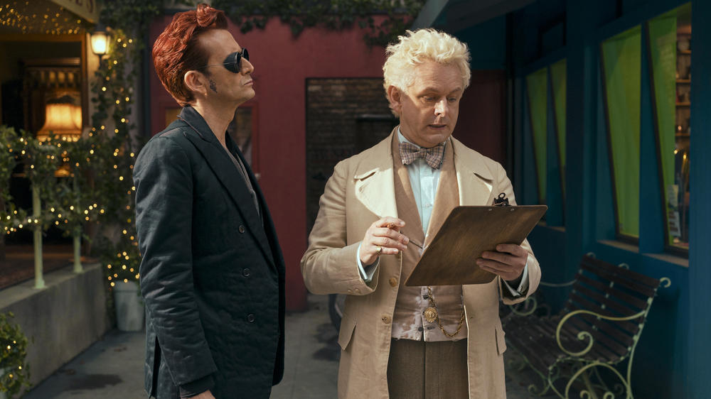 David Tennant as Crowley and Michael Sheen as Aziraphale in season 2 of the Prime Video series <em>Good Omens</em>.
