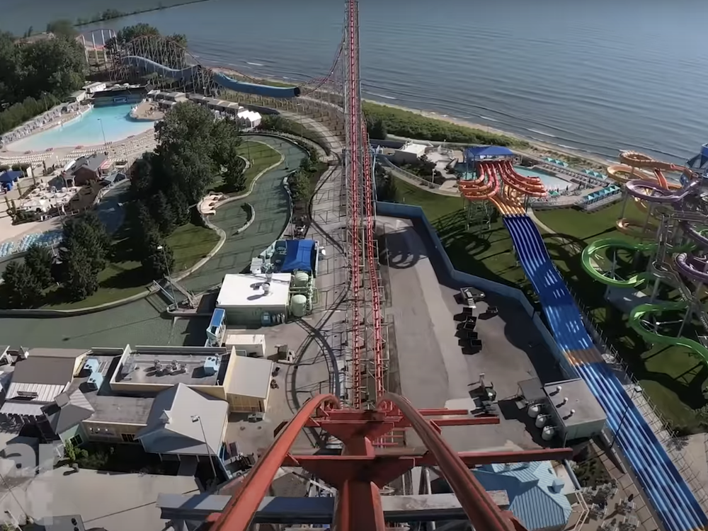 A screenshot from a video by a Cedar Point rider shows the view at the moment the Magnum XL-200 begins a 200-foot plunge. Passengers of the ride were evacuated near this point on Tuesday after the roller coaster faced a mechanical issue.